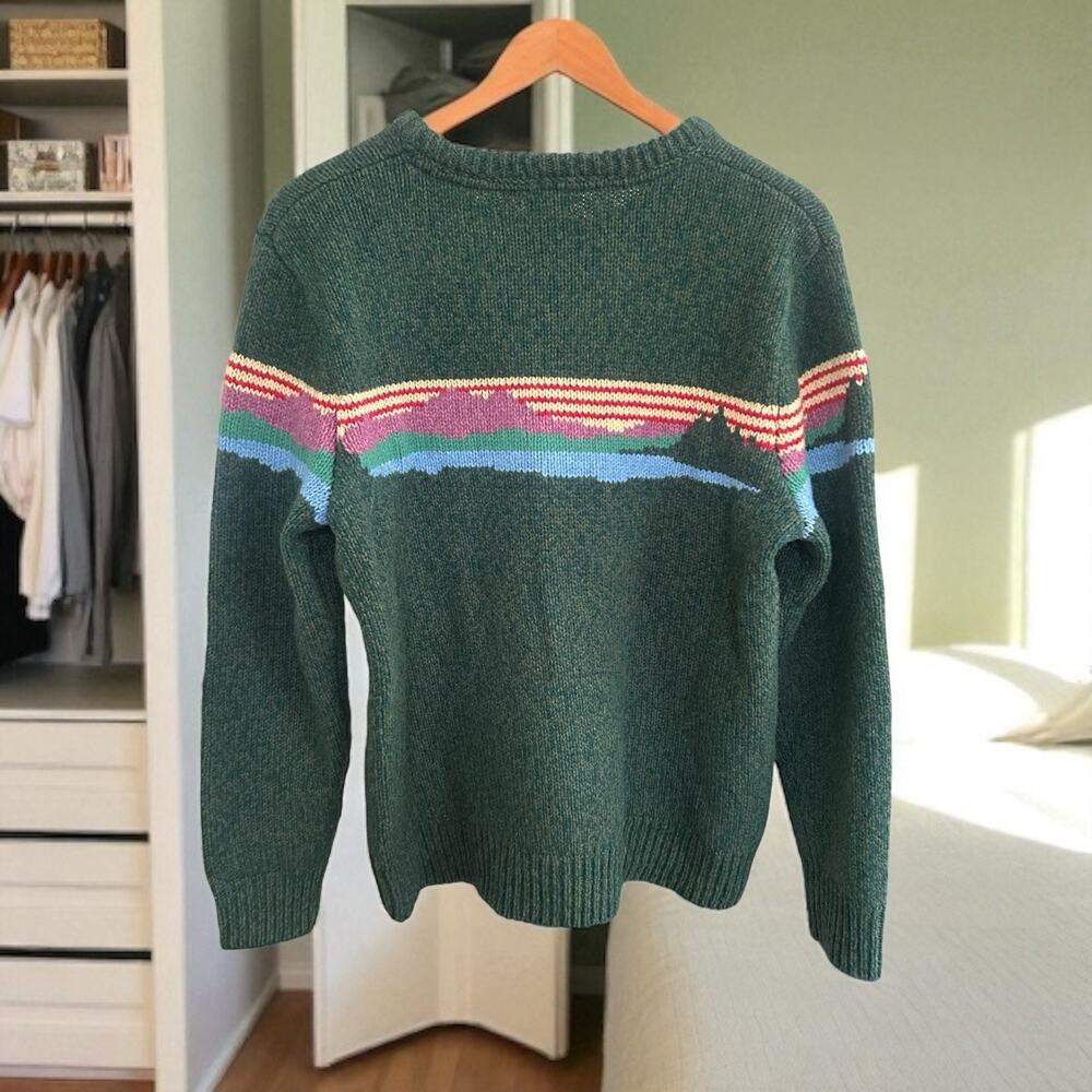 LL Bean Sweater Katahdin Intarsia Knit Logo Spellout Green Lambswool Womens LG - Picture 2 of 4